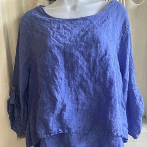 M Made in Italy Royal to Cornflower Blue Linen Tiered Popover Blouse M MSRP $118